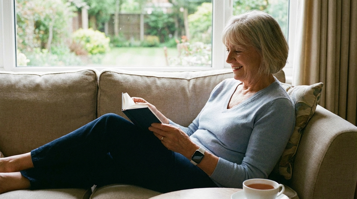 Ein moderner, unauffälliger Hausnotruf-Knopf am Handgelenk einer Seniorin, die entspannt auf einem Sofa sitzt und ein Buch liest.