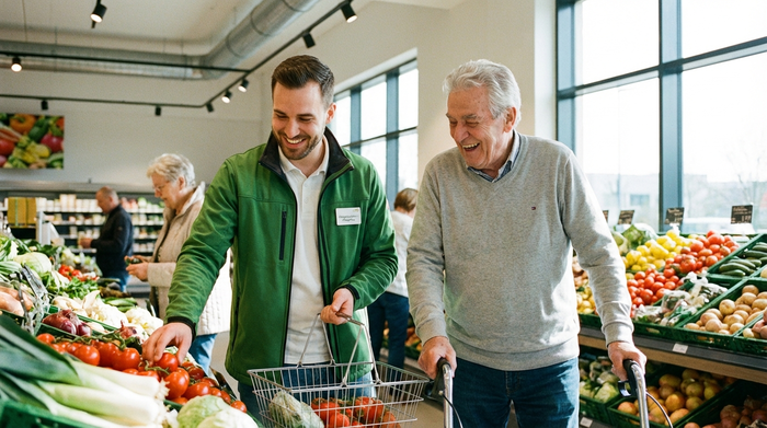 Ein engagierter Alltagsbegleiter hilft einem älteren Herrn beim gemeinsamen Einkaufen im Supermarkt. Beide betrachten frisches Gemüse und lächeln. Helle, freundliche Umgebung.