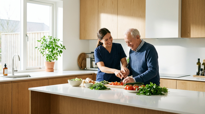 Eine engagierte Betreuungskraft hilft einem älteren Herrn beim Schneiden von frischem Gemüse in einer modernen, sauberen Küche. Helles Tageslicht fällt durch das Fenster, entspannte Stimmung, realistische Alltagssituation ohne störende Elemente.