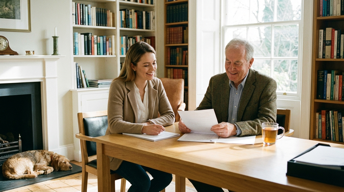 Zwei Personen, eine jüngere Frau und ein älterer Mann, sitzen an einem aufgeräumten Schreibtisch und besprechen entspannt Dokumente. Seriöse, häusliche Umgebung, klares Licht, professionelle und vertrauensvolle Stimmung.