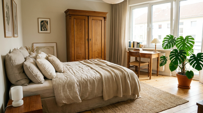 Ein helles, freundlich eingerichtetes Schlafzimmer mit einem gemütlichen Bett, einem Holzschrank, einem kleinen Schreibtisch am Fenster und einer grünen Zimmerpflanze. Einladend, ordentlich und komfortabel, natürliches Licht.