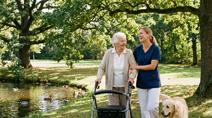 Eine ältere Dame und eine fürsorgliche Betreuungskraft spazieren an einem sonnigen Tag gemütlich durch einen grünen Park mit großen Bäumen und einem kleinen Teich. Friedliche Atmosphäre, natürliche Farben, entspanntes Miteinander.