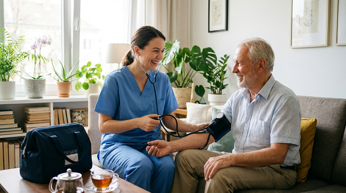 Eine Fachkraft eines ambulanten Pflegedienstes in ordentlicher blauer Berufskleidung misst den Blutdruck eines freundlichen Seniors im Wohnzimmer. Respektvoller Umgang, saubere und helle Umgebung, professionelle Pflege.