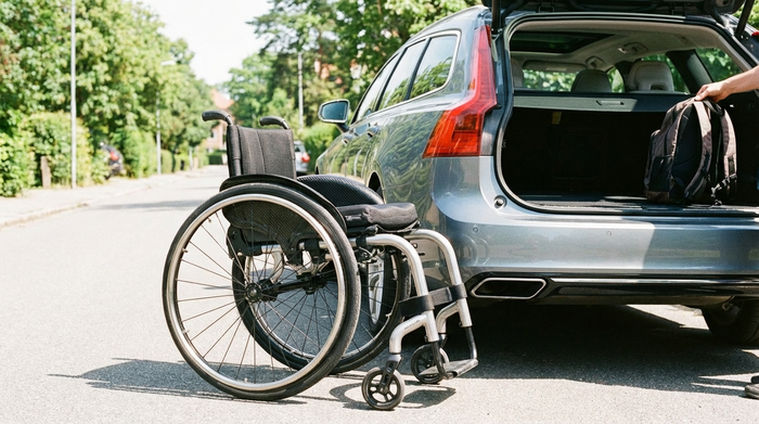 Ein moderner, leichter Rollstuhl steht zusammengeklappt neben dem geöffneten Kofferraum eines Autos. Eine gut beleuchtete, saubere Szene an einem sonnigen Tag in einer ruhigen Straße, die Mobilität und Unabhängigkeit im Alltag symbolisiert. Realistische Fotografie, ohne Text.