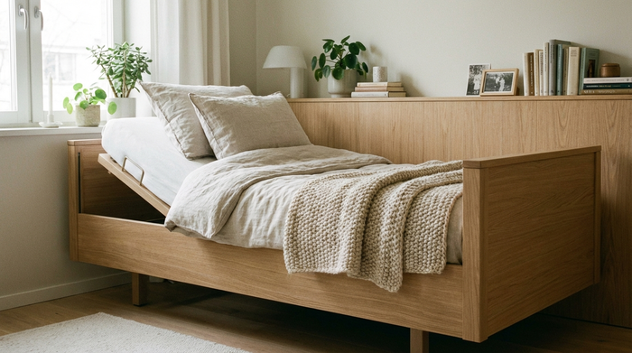Ein modernes, wohnliches Pflegebett mit heller Holzverkleidung in einem gemütlichen, aufgeräumten Schlafzimmer. Das Kopfteil ist leicht aufgerichtet, weiche Kissen und eine warme Decke liegen darauf. Sanftes Tageslicht, realistische und würdevolle Atmosphäre, keine medizinischen Geräte im Vordergrund, ohne Text.
