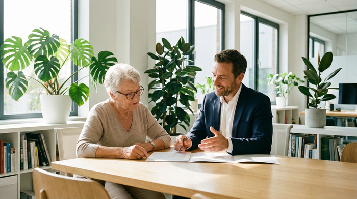 Eine ältere Frau und ein freundlicher Berater sitzen gemeinsam an einem hellen Holztisch und betrachten aufmerksam einige Dokumente. Der Berater erklärt etwas geduldig. Professionelle, vertrauensvolle Atmosphäre, helles Büro mit Pflanzen im Hintergrund, realistische Fotografie, ohne Text.