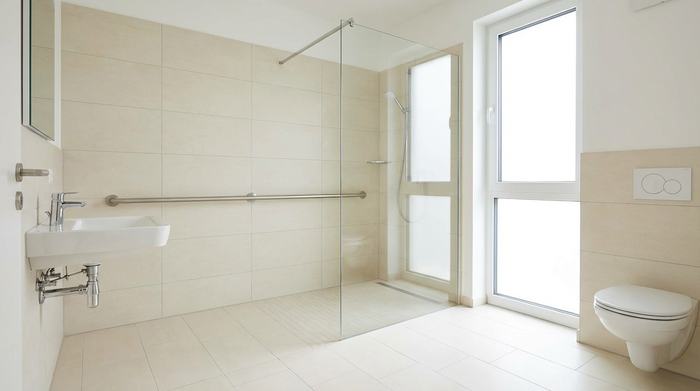 Ein modernes, barrierefreies Badezimmer mit einer bodengleichen Dusche, eleganten hellen Fliesen und einem dezenten, stabilen Haltegriff an der Wand. Hell, sauber und sicher gestaltet, realistische Innenarchitektur-Fotografie, ohne Text.