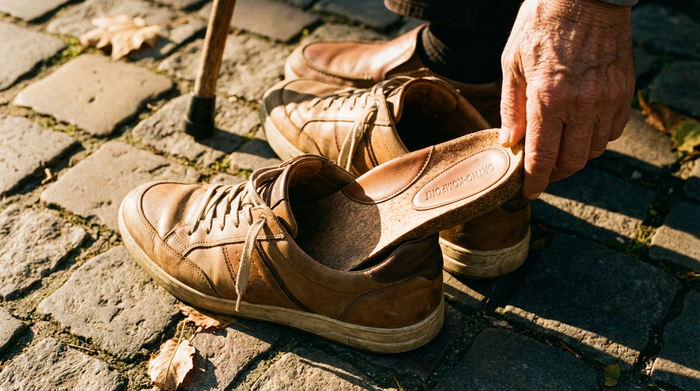 Nahaufnahme von bequemen, modernen Alltagsschuhen eines Senioren auf einem gepflasterten Weg, die durch hochwertige orthopädische Einlagen von innen gestützt werden. Warme Sonnenstrahlen beleuchten die friedliche Szene.