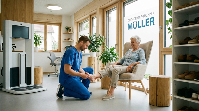 Ein heller, moderner Raum in einem Sanitätshaus. Ein geduldiger Orthopädietechniker in sauberer Arbeitskleidung untersucht behutsam den Fuß einer älteren Dame, die entspannt auf einem bequemen Stuhl sitzt.