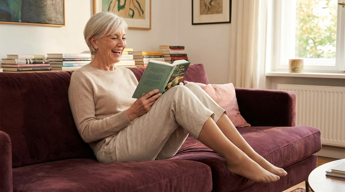 Eine vitale Seniorin sitzt gemütlich auf einem weichen Sofa und liest ein Buch, während sie unauffällige, elegant wirkende Kompressionsstrümpfe trägt, die sich harmonisch in ihre stilvolle Kleidung einfügen.