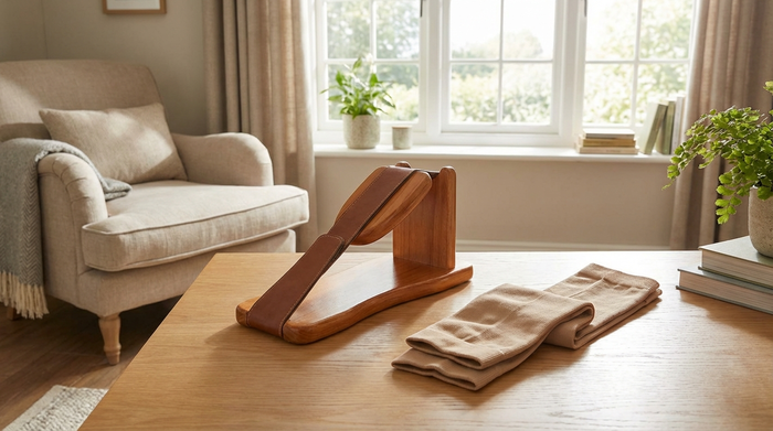 Eine praktische Anziehhilfe aus glattem, hochwertigem Material liegt griffbereit auf einem ordentlichen Holztisch neben einem Paar sorgfältig zusammengelegter Kompressionsstrümpfe in einem lichtdurchfluteten Wohnzimmer.