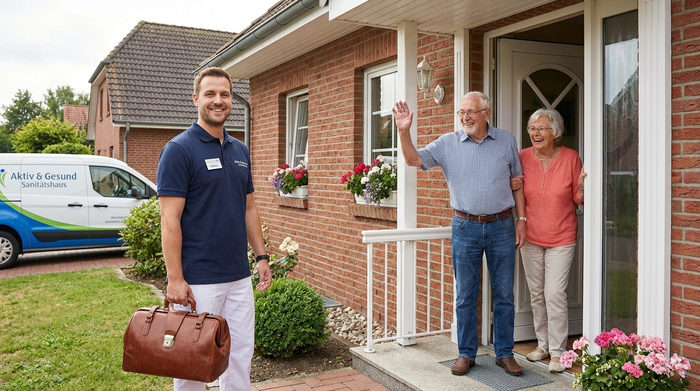 Ein freundlicher Mitarbeiter eines Sanitätshauses steht mit einer kleinen, professionellen Ausrüstungstasche lächelnd an der Haustür eines einladenden Einfamilienhauses und wird von einem älteren Ehepaar freudig begrüßt.