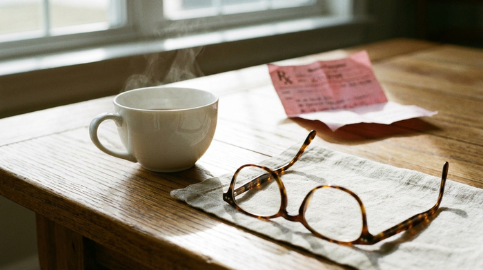 Ein unscharf im Hintergrund liegendes, rosafarbenes ärztliches Rezept liegt auf einem sauberen Holztisch neben einer weißen Tasse Tee und einer eleganten Lesebrille. Helle, realistische Szene ohne direkt lesbaren Text.