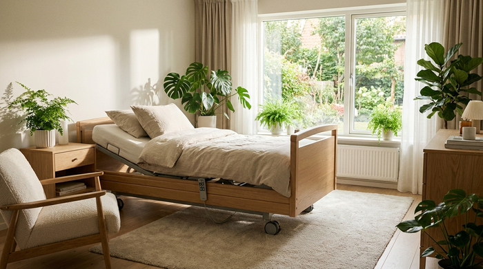 Ein modernes, elektrisch verstellbares Pflegebett aus hellem Holz steht in einem freundlich eingerichteten Schlafzimmer mit grünen Zimmerpflanzen und einem großen Fenster. Einladende, saubere und lichtdurchflutete Umgebung.