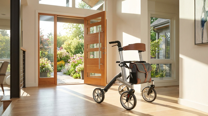 Ein gepflegter, moderner Rollator steht einsatzbereit im hellen Eingangsbereich eines Wohnhauses. Im Hintergrund sieht man eine offene Haustür, die in einen sonnigen, grünen Garten führt.