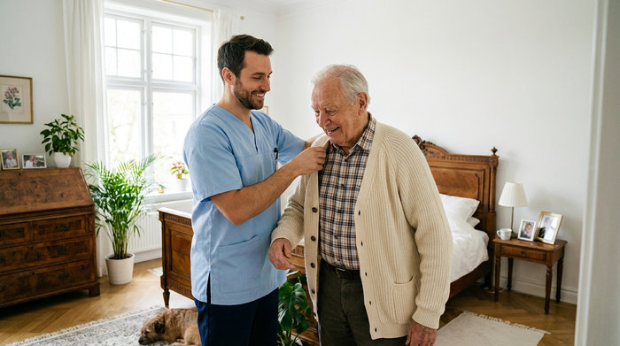 Ein fürsorglicher Krankenpfleger hilft einem älteren Herrn beim Anziehen einer hellen Strickjacke in einem hellen, freundlichen Schlafzimmer. Respektvoller Umgang, sauberes und ruhiges Umfeld.