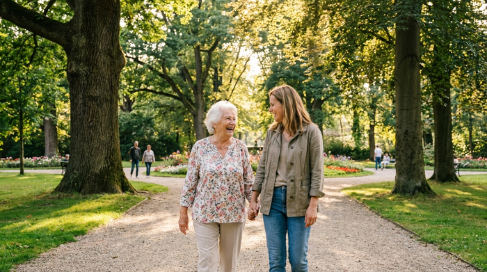 Eine lachende Seniorin spaziert an der Seite ihrer erwachsenen Tochter durch einen sonnigen Park, beide halten sich an den Händen. Im Hintergrund große Bäume und ein gepflegter Weg.