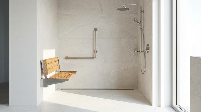 Eine moderne, bodengleiche Dusche in einem hell gefliesten, barrierefreien Badezimmer. Ein eleganter Duschsitz ist an der Wand montiert, daneben ein stabiler Haltegriff aus Edelstahl.