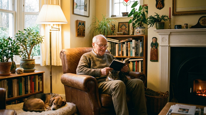 Ein älterer Herr sitzt entspannt in seinem bequemen Sessel im eigenen, gemütlich eingerichteten Wohnzimmer und liest ein Buch. Warme Beleuchtung, Zimmerpflanzen im Hintergrund, friedliche Stimmung.