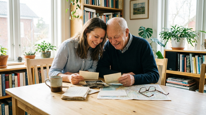 Eine erwachsene Tochter und ihr älterer Vater sitzen gemeinsam an einem hellen Holztisch und betrachten konzentriert, aber entspannt verschiedene Dokumente. Eine Tasse Kaffee steht auf dem Tisch.