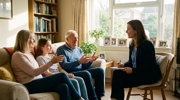Eine freundliche Pflegeberaterin im Gespräch mit einer Seniorenfamilie im heimischen Wohnzimmer. Die Beraterin hört aufmerksam zu und macht sich Notizen. Empathische Körpersprache, helles Tageslicht.