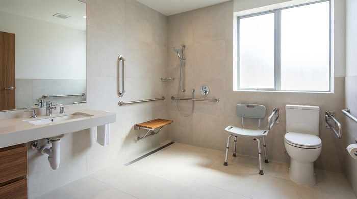 Ein modern eingerichtetes, barrierefreies Badezimmer mit einer geräumigen, ebenerdigen Dusche und stabilen Haltegriffen an den Wänden. Helle Fliesen, sauberes und altersgerechtes Design.