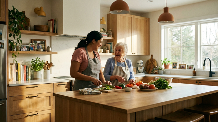 Eine herzliche Betreuerin kocht gemeinsam mit einer älteren Dame in einer modernen, hellen Küche. Beide schneiden frisches Gemüse und lachen miteinander. Warme Beleuchtung, gemütliches Zuhause, realistische Szene ohne Text.