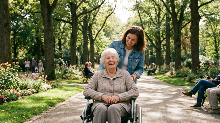 Eine ältere Person im Rollstuhl macht einen entspannten Spaziergang in einem grünen Park, begleitet von einer fürsorglichen Betreuungskraft. Sonniges Wetter, hohe Bäume im Hintergrund. Freundliche und sichere Atmosphäre, kein Text.