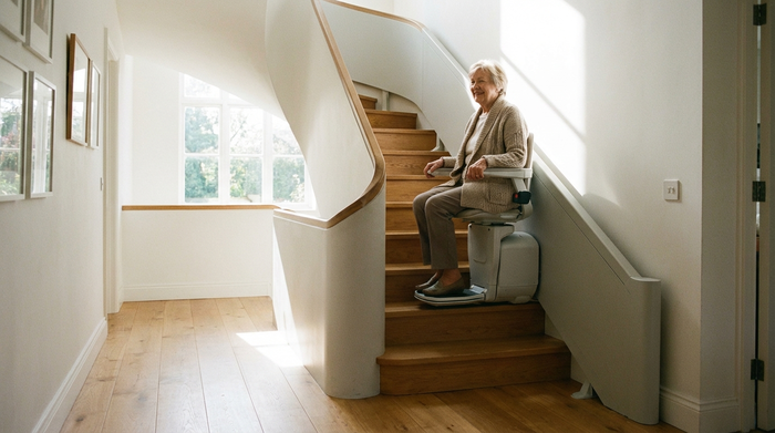 Ein moderner, unauffälliger Treppenlift in einem gepflegten Einfamilienhaus. Eine ältere Dame fährt sicher und entspannt die Holztreppe hinauf. Helles Treppenhaus, realistische Darstellung, barrierefreies Wohnen ohne Text.