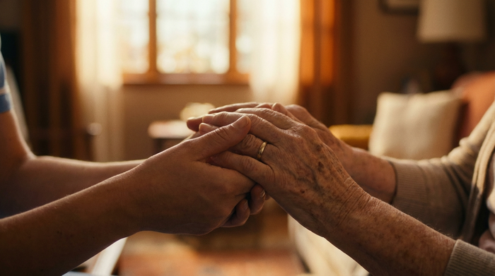 Eine Seniorin und eine Pflegekraft halten sich vertrauensvoll an den Händen. Fokus auf die Hände und sanfte Gesten der Zuneigung. Weicher Hintergrund, warme Farben, emotionale und würdevolle Szene, kein Text.
