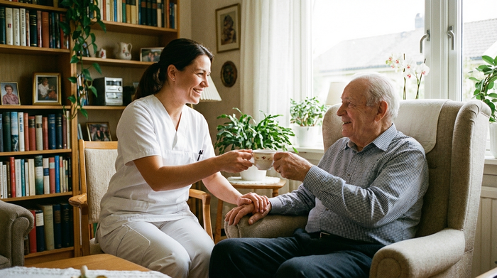 Eine freundliche Pflegekraft in weißer Dienstkleidung reicht einem lächelnden Senior eine Tasse Tee. Helles, gemütliches Wohnzimmer, vertrauensvolle Stimmung, realistische Szene.
