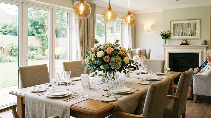 Ein stilvoll gedeckter Esstisch in einem hellen Speisesaal einer Seniorenresidenz. Frische Blumen auf dem Tisch, warme Beleuchtung, einladende und saubere Umgebung.