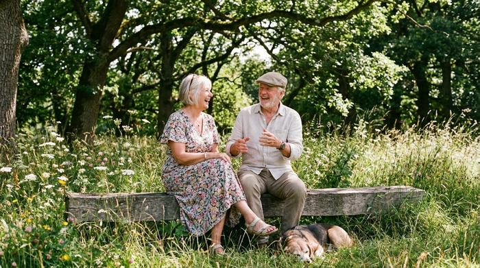 Ein glückliches älteres Ehepaar sitzt auf einer Parkbank im Grünen und unterhält sich angeregt. Sonniges Wetter, alte Bäume im Hintergrund, entspannte und sorgenfreie Atmosphäre.