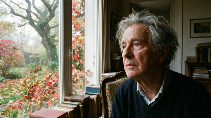 Ein älterer Herr mit grauem Haar blickt nachdenklich aus einem großen Fenster in einen herbstlichen Garten. Sanftes, natürliches Licht beleuchtet sein Gesicht. Die Atmosphäre ist ruhig und leicht melancholisch, was die innere Welt der Demenz widerspiegelt.