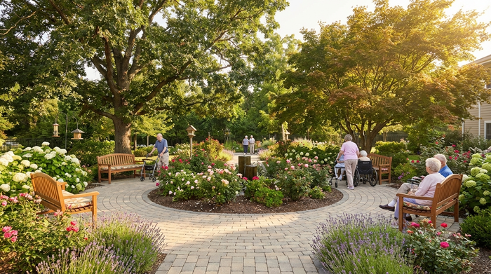 Ein wunderschön angelegter, sicherer Garten für Senioren mit einem gepflasterten, barrierefreien Rundweg. Blühende Blumenbeete, gemütliche Holzbänke und hohe Bäume bieten eine geschützte Oase der Ruhe an einem sonnigen Nachmittag.