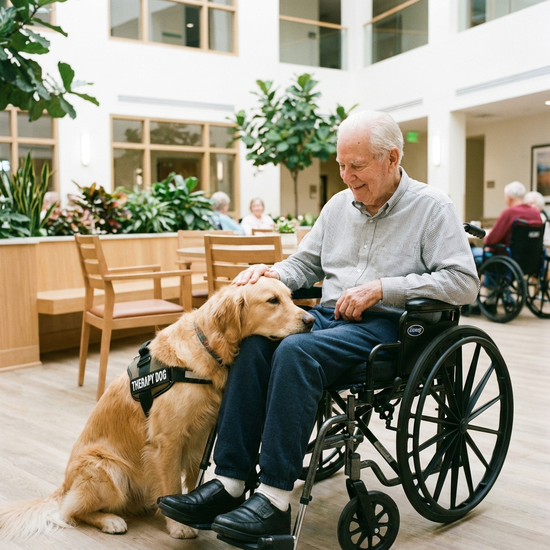 Ein Therapiehund, ein freundlicher Golden Retriever, legt sanft seinen Kopf auf den Schoß eines lächelnden Seniors im Rollstuhl. Der Senior streichelt das weiche Fell des Hundes. Helle, freundliche Umgebung eines modernen Pflegeheims.
