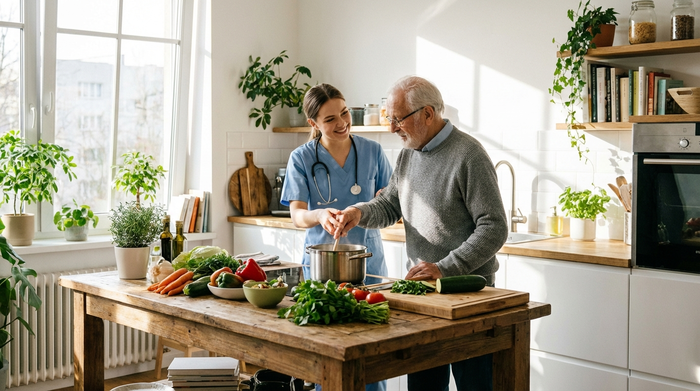Eine freundliche, junge Pflegekraft hilft einem älteren Mann liebevoll beim gemeinsamen Kochen in einer sauberen, modernen Wohnküche. Frisches Gemüse liegt auf dem Holztisch. Eine Szene voller Vertrauen und häuslicher Geborgenheit.