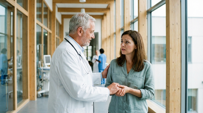 Ein freundlicher Arzt in weißem Kittel bespricht sich ruhig mit einer besorgten Tochter auf dem hellen Flur eines modernen Krankenhauses. Im Hintergrund unscharfe medizinische Geräte.