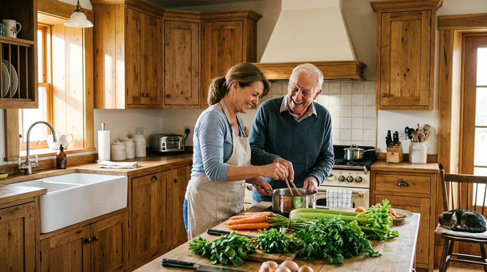 Eine engagierte Betreuungskraft kocht gemeinsam mit einem lachenden älteren Herrn in einer gemütlichen, sauberen Holzküche. Frisches Gemüse liegt auf der Arbeitsplatte.