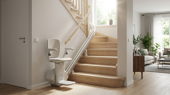 Ein moderner, unauffälliger Treppenlift an einer geschwungenen Holztreppe in einem gepflegten Einfamilienhaus. Helles Tageslicht fällt durch das Fenster auf die Stufen.