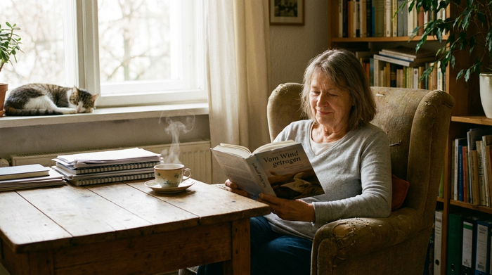 Eine ältere Frau sitzt entspannt an einem Holztisch und liest ein Buch, während eine Tasse Tee dampft. Neben ihr liegen ordentlich sortierte Dokumente in weichem Licht.