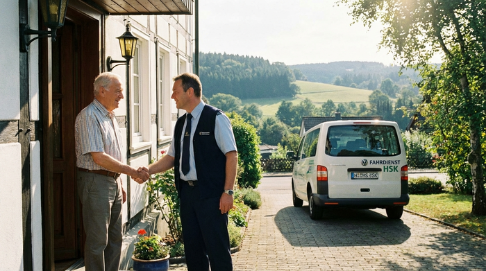 Ein lächelnder Senior wird an einem sonnigen Morgen freundlich an der Haustür von einem Fahrer eines Fahrdienstes begrüßt. Im Hintergrund ein gepflegtes Wohnhaus in einer ruhigen Straße im Sauerland.