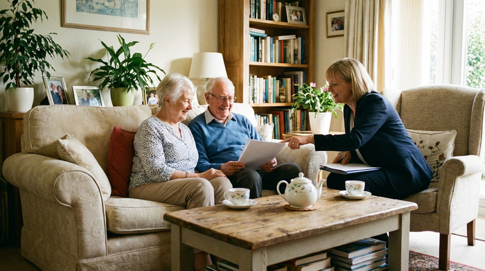 Ein älteres Ehepaar sitzt entspannt auf einem Sofa im heimischen Wohnzimmer und bespricht lächelnd Dokumente mit einer sympathischen Pflegeberaterin. Tassen mit Tee auf dem Tisch, gemütliche und vertrauensvolle Stimmung.