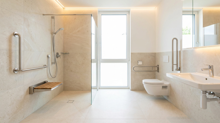 Ein modernes, komplett barrierefreies Badezimmer mit einer großzügigen, ebenerdigen Dusche, stabilen Haltegriffen an den hellen Wänden und einem sicheren Duschsitz. Sauberes und sicheres Ambiente.