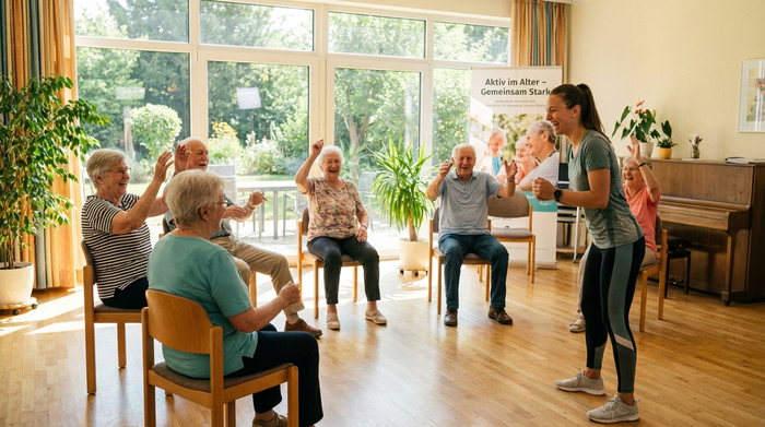 Eine Gruppe von Senioren macht leichte Sitzgymnastik in einem sonnigen Raum mit großen Fenstern. Eine motivierte Therapeutin macht die Übungen vor. Fröhliche Gesichter, aktive und gesunde Atmosphäre.