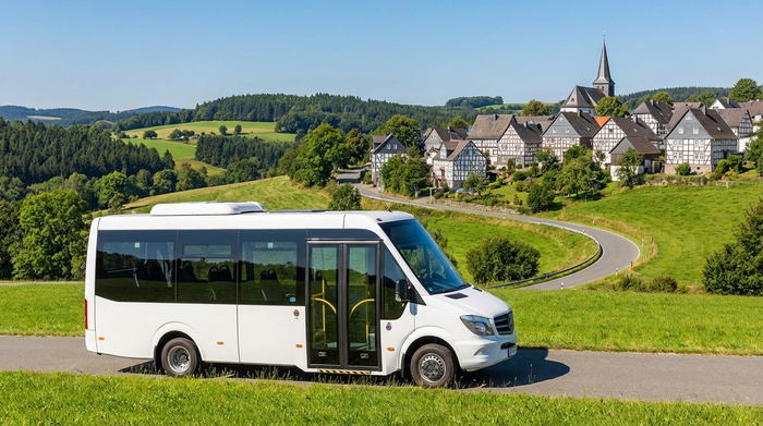 Ein moderner, barrierefreier weißer Kleinbus fährt durch eine hügelige, grüne Landschaft im Sauerland. Klare Sicht, sonniges Wetter, malerische Kleinstadtumgebung im Hintergrund, ohne Schriftzüge.