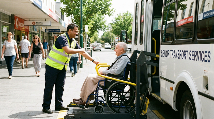 Ein geduldiger Pfleger bedient die hydraulische Hebebühne eines Transportbusses, auf der ein älterer Herr sicher in seinem Rollstuhl sitzt. Realistische, helle Straßenszene, Fokus auf Sicherheit und Komfort.