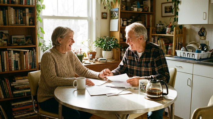 Ein älteres Ehepaar sitzt entspannt am Küchentisch und bespricht bei einer Tasse Kaffee lächelnd Unterlagen. Gemütliche, aufgeräumte häusliche Umgebung, warme Beleuchtung, entspannte Stimmung.