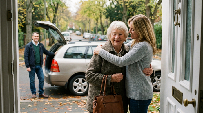 Eine fürsorgliche Tochter verabschiedet ihre ältere Mutter an der geöffneten Haustür. Die Mutter trägt eine warme Jacke und eine Handtasche, im Hintergrund wartet ein freundlicher Fahrer am Auto.