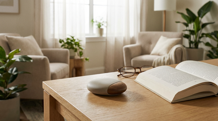 Ein moderner, unauffälliger Hausnotruf-Knopf liegt auf einem hellen Holztisch neben einer Lesebrille und einem aufgeschlagenen Buch. Helles Wohnzimmer, ruhige und sichere Atmosphäre im Hintergrund.